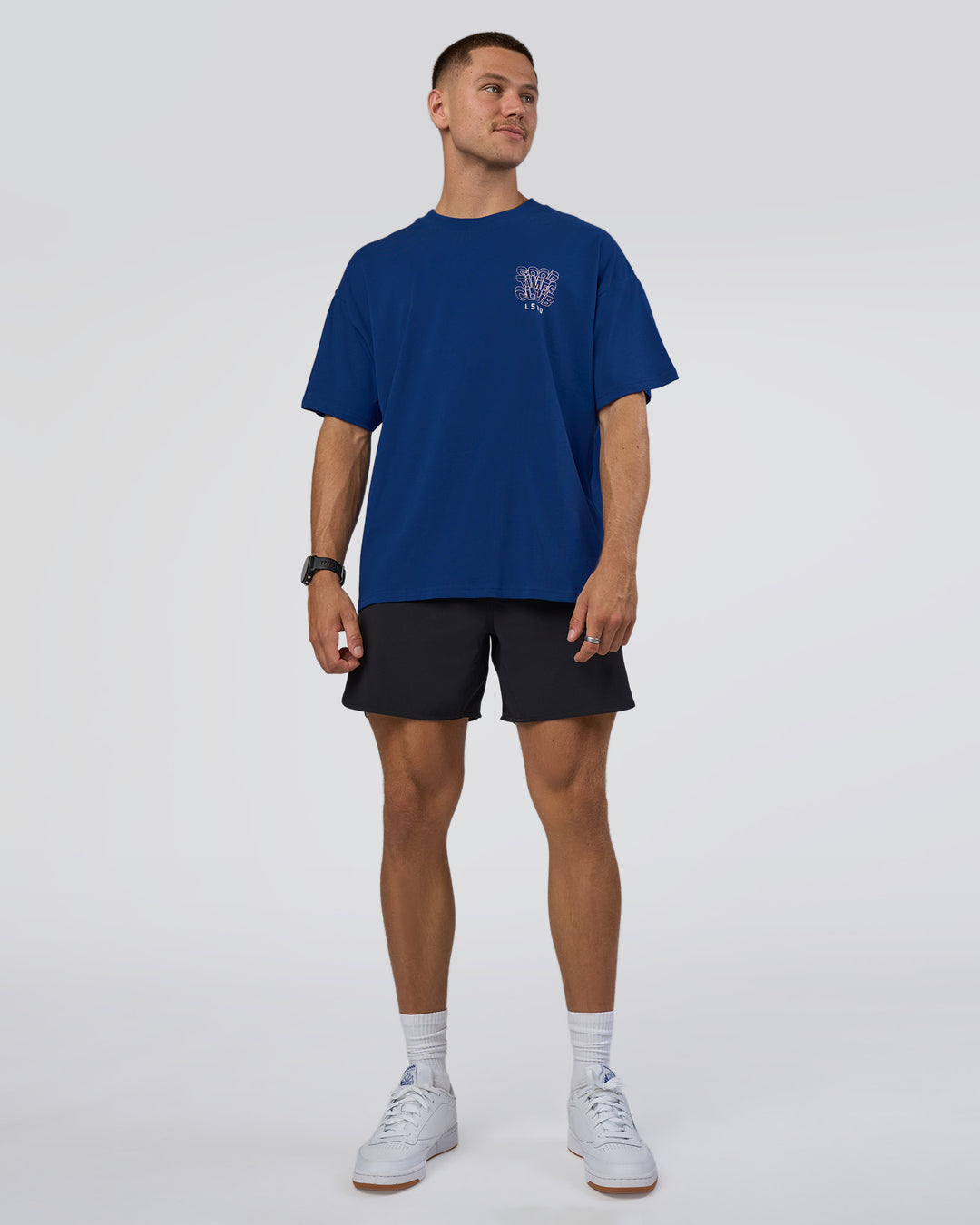 Man wearing GTC Heavyweight Oversized Tee - Washed Midnight Blue-Marsh | Model:Nikola | Size:L - view 3