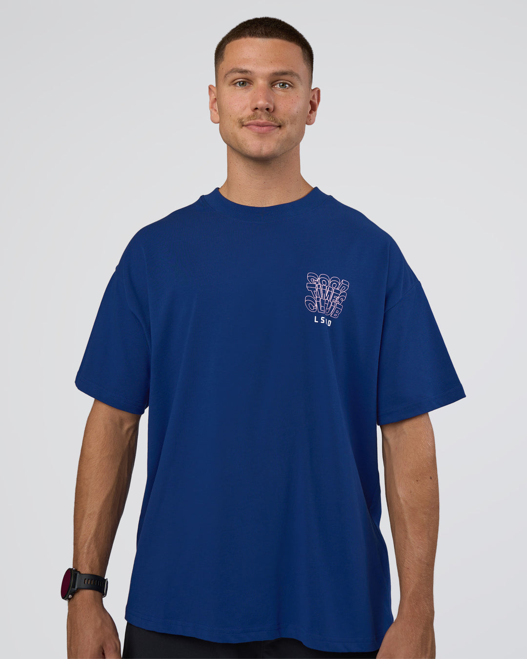 Man wearing GTC Heavyweight Oversized Tee - Washed Midnight Blue-Marsh | Model:Nikola | Size:L - view 12