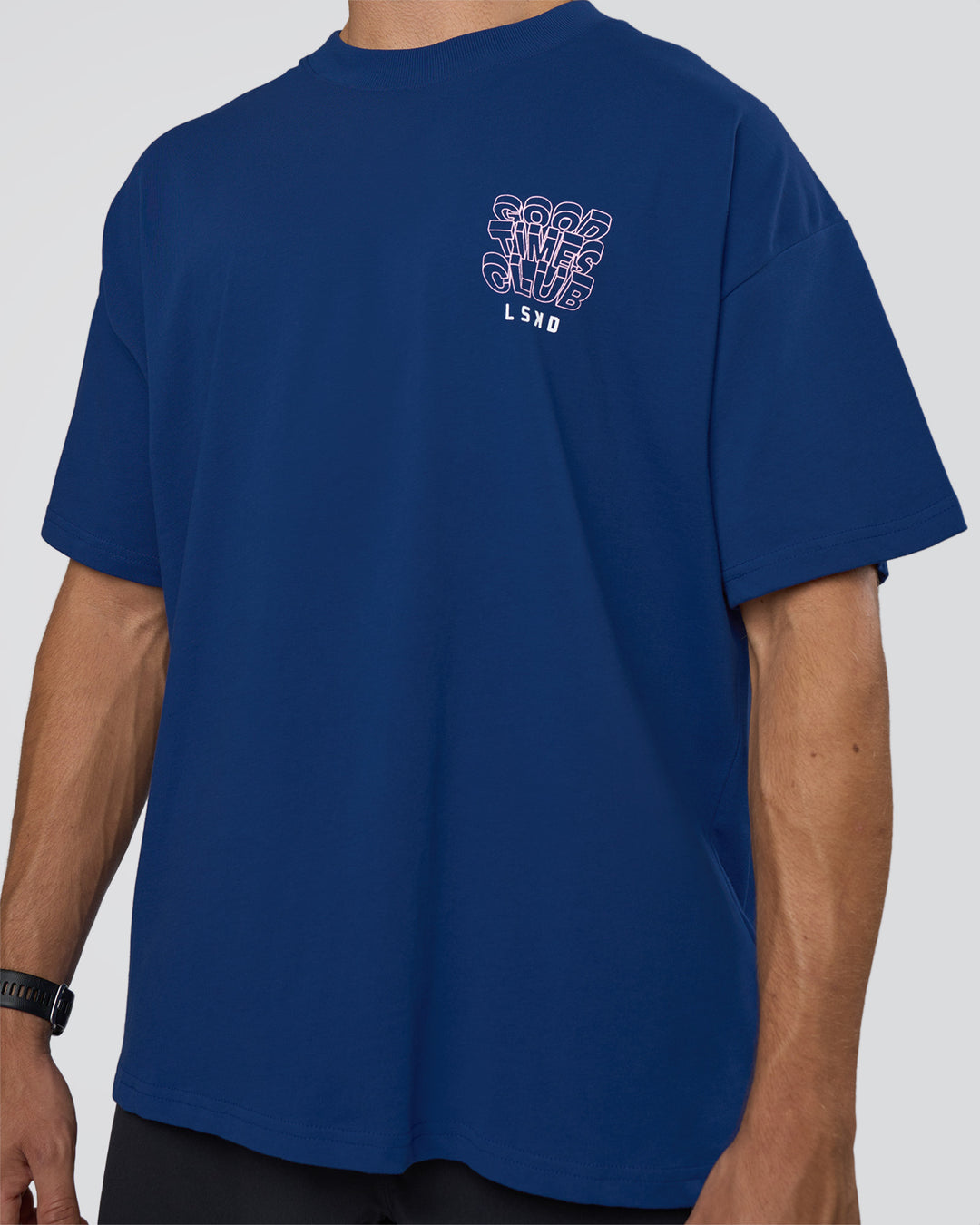 Man wearing GTC Heavyweight Oversized Tee - Washed Midnight Blue-Marsh | Model:Nikola | Size:L - view 7