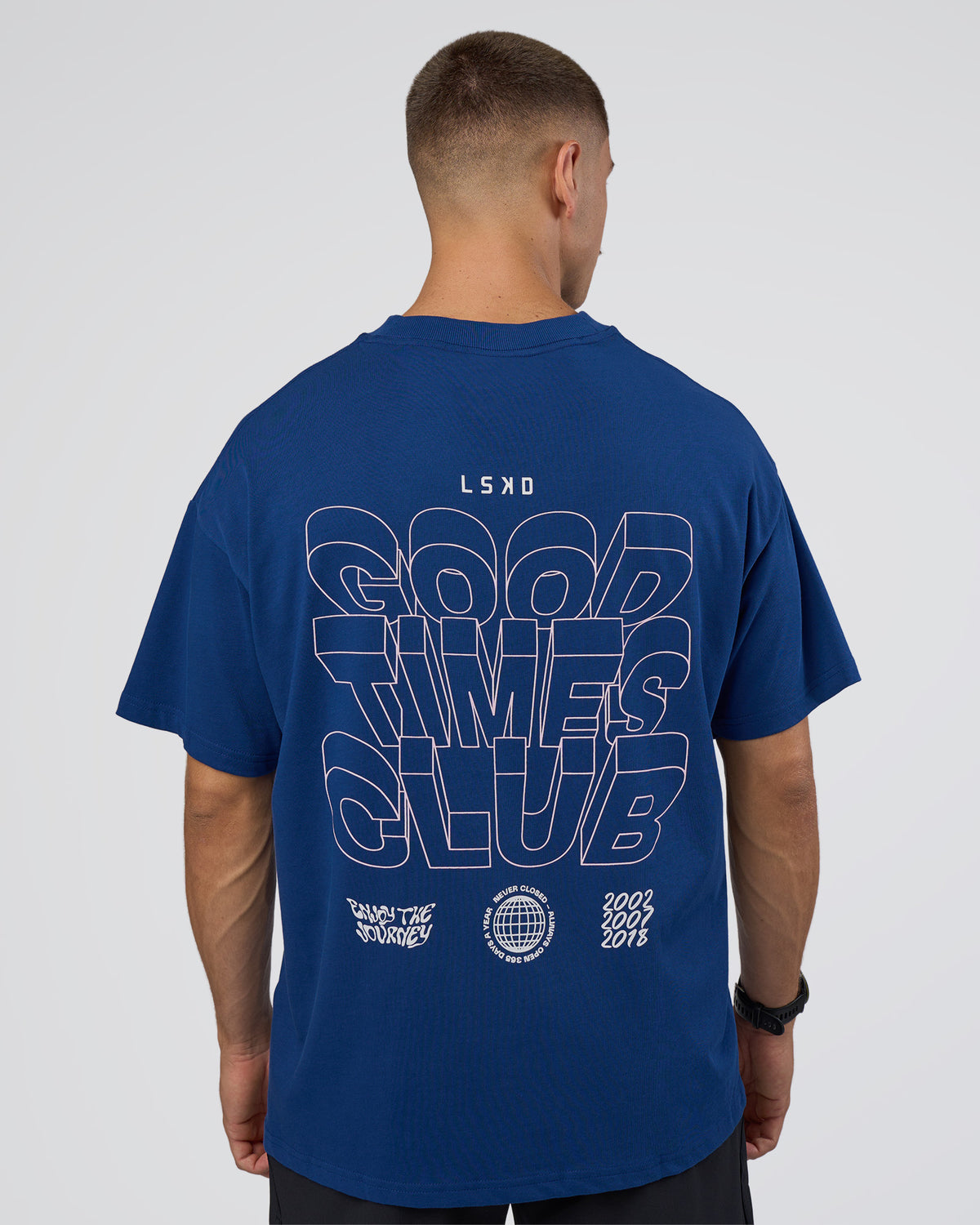 Man wearing GTC Heavyweight Oversized Tee - Washed Midnight Blue-Marsh | Model:Nikola | Size:L