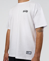 Man wearing Grid FLXCotton Oversized Tee - White-Black | Model:Zoran | Size:L | Thumbnail Index: 5