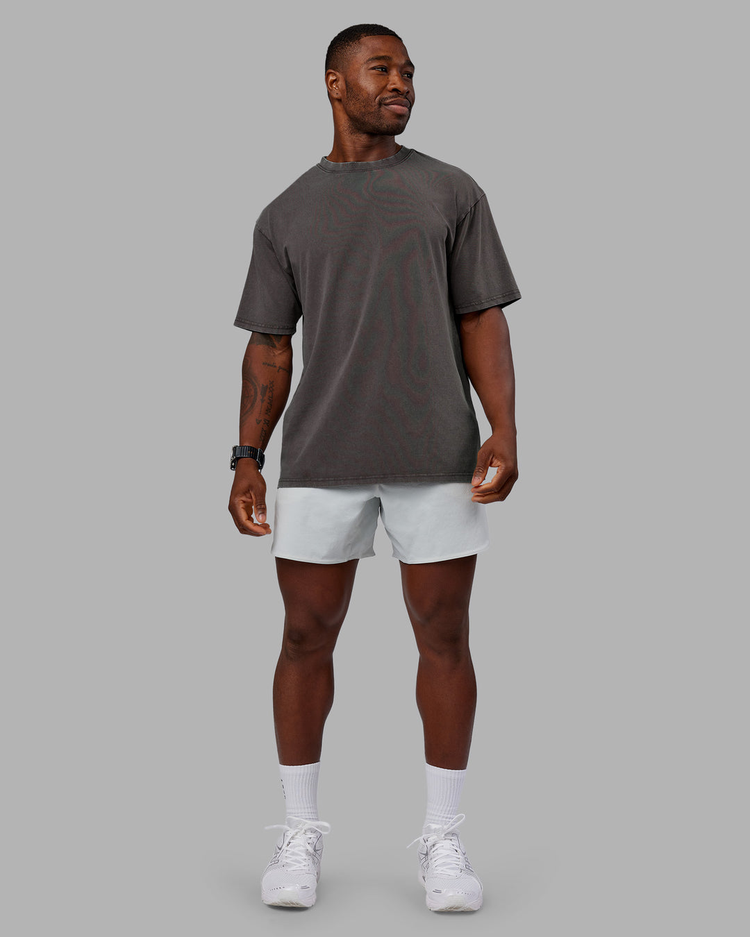 Man wearing Heart FLXCotton Oversized Tee - Washed Dark Storm-Violet Ray | Model:Sam | Size:L - view 6