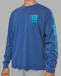 Man wearing Inferno Journey FLXCotton Oversized Long Sleeve Tee - Midnight Blue-Blue Bird | Model:Jackson | Size:L | Thumbnail Index: 12