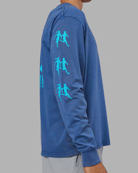 Man wearing Inferno Journey FLXCotton Oversized Long Sleeve Tee - Midnight Blue-Blue Bird | Model:Jackson | Size:L | Thumbnail Index: 4