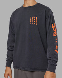 Man wearing Inferno Journey FLXCotton Oversized Long Sleeve Tee - Washed Black-Ultra Orange | Model:Jackson | Size:L | Thumbnail Index: 12