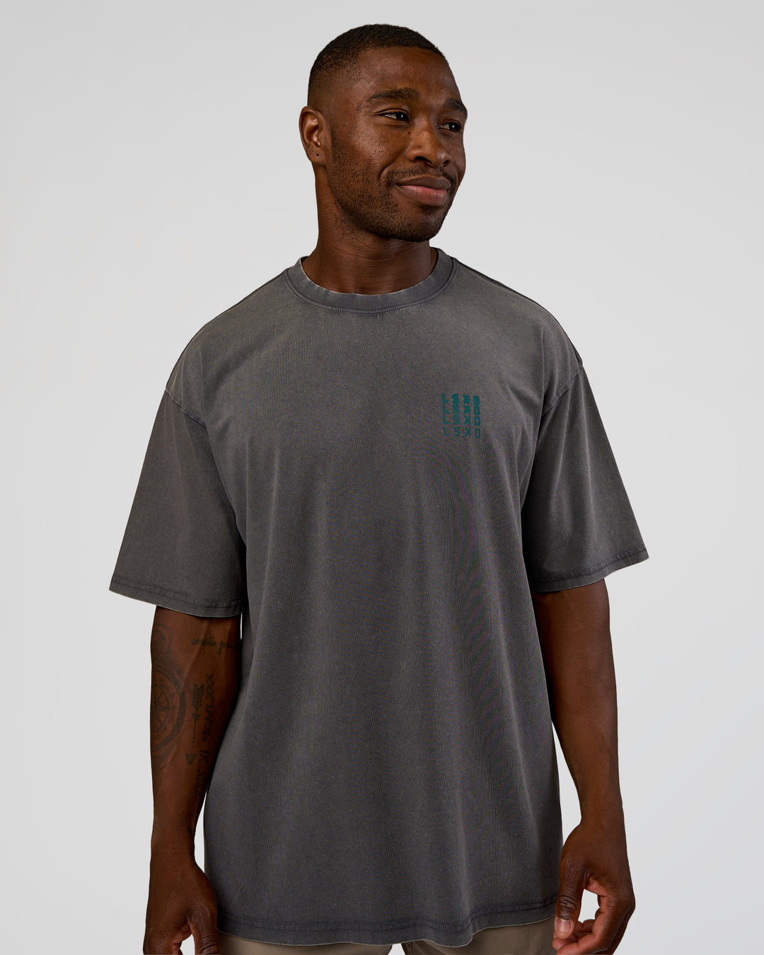Man wearing Inferno Journey FLXCotton Oversized Tee - Dark Storm Washed-Iceberg Green | Model:Sam | Size:L - view 3