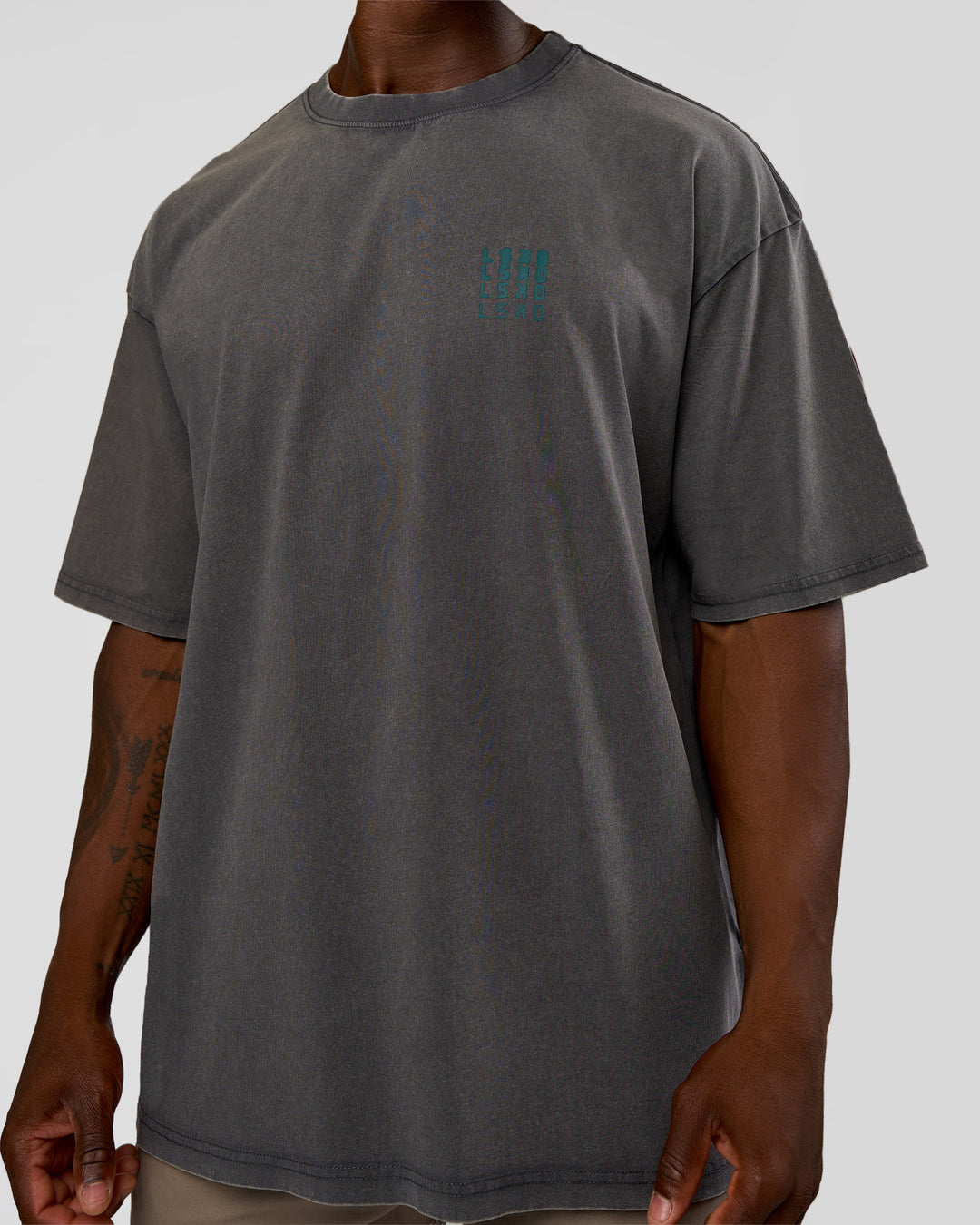 Man wearing Inferno Journey FLXCotton Oversized Tee - Dark Storm Washed-Iceberg Green | Model:Sam | Size:L - view 7