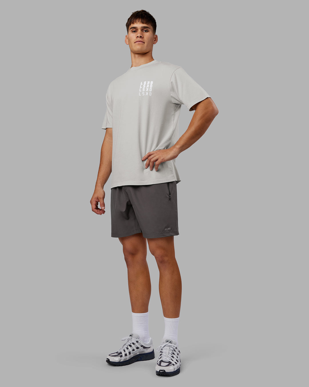 Man wearing Inferno Journey FLXCotton Oversized Tee - Digital Mist Washed-White | Model:Jackson | Size:L - view 6