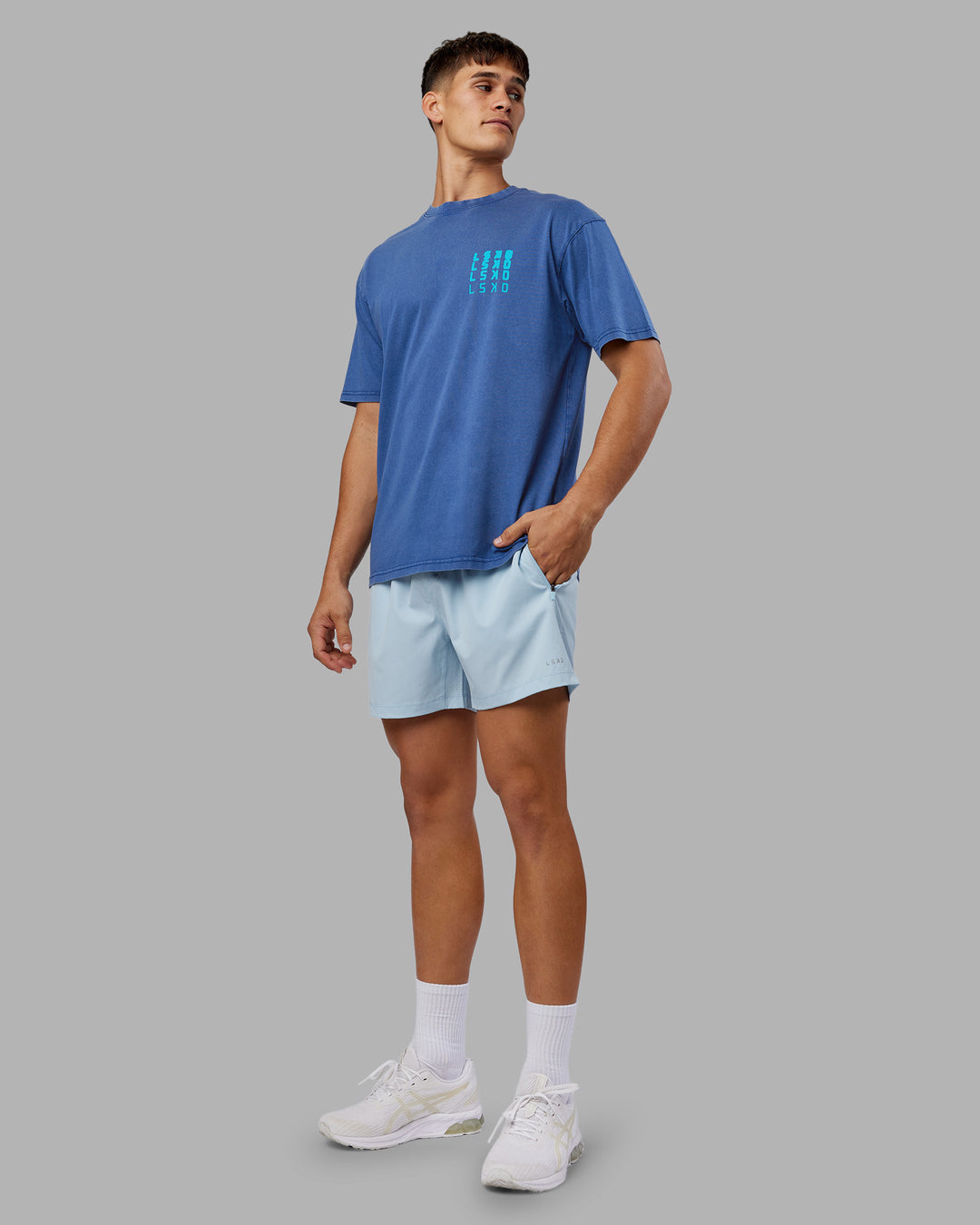 Man wearing Inferno Journey FLXCotton Oversized Tee - Midnight Blue Washed-Blue | Model:Jackson | Size:L - view 6