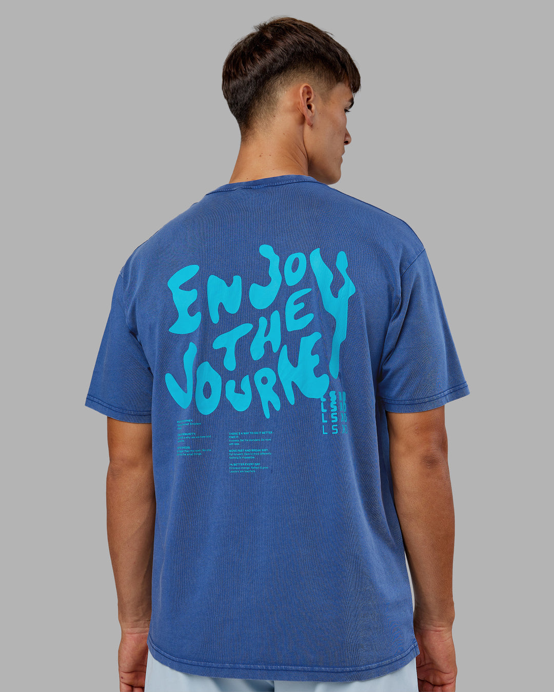 Man wearing Inferno Journey FLXCotton Oversized Tee - Midnight Blue Washed-Blue | Model:Jackson | Size:L - view 3