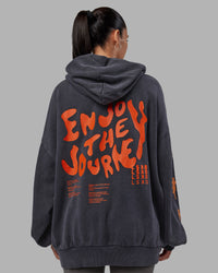Woman wearing Journey Washed Unisex Oversize Hoodie - Black-Ultra Orange | Model:Rhiley | Size:L | Thumbnail Index: 10