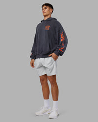 Man wearing Journey Washed Unisex Oversize Hoodie - Black-Ultra Orange | Model:Jackson | Size:L | Thumbnail Index: 12