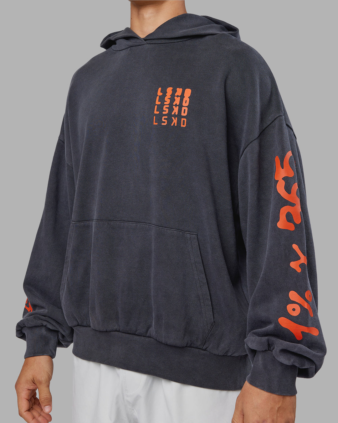 Man wearing Journey Washed Unisex Oversize Hoodie - Black-Ultra Orange | Model:Jackson | Size:L - view 14