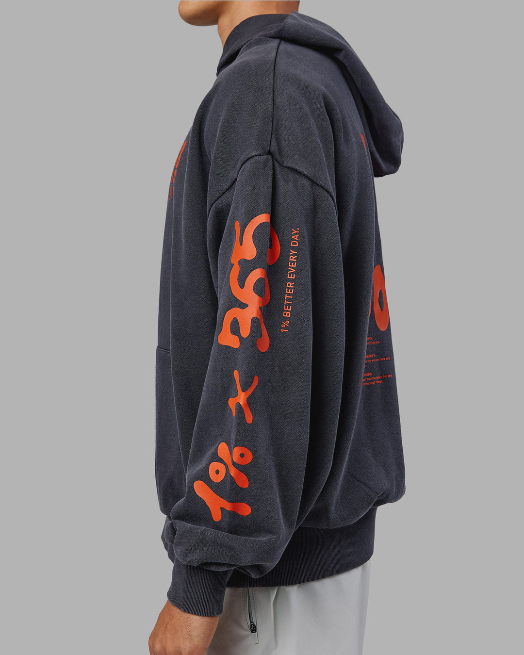 Man wearing Journey Washed Unisex Oversize Hoodie - Black-Ultra Orange | Model:Jackson | Size:L - view 7