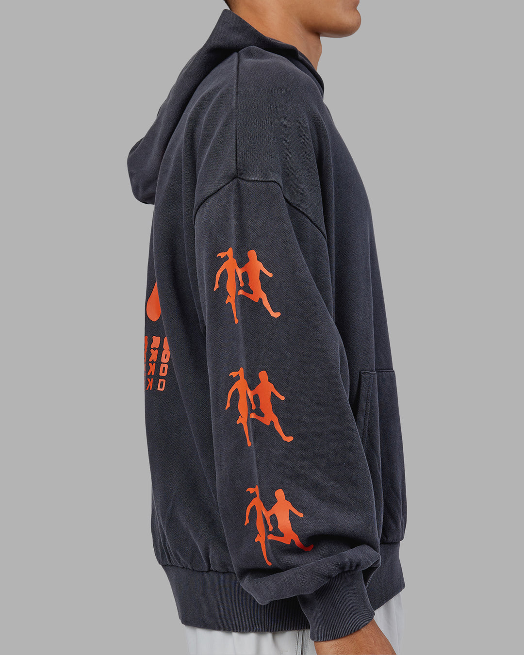 Man wearing Journey Washed Unisex Oversize Hoodie - Black-Ultra Orange | Model:Jackson | Size:L - view 8