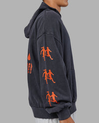 Man wearing Journey Washed Unisex Oversize Hoodie - Black-Ultra Orange | Model:Jackson | Size:L | Thumbnail Index: 7