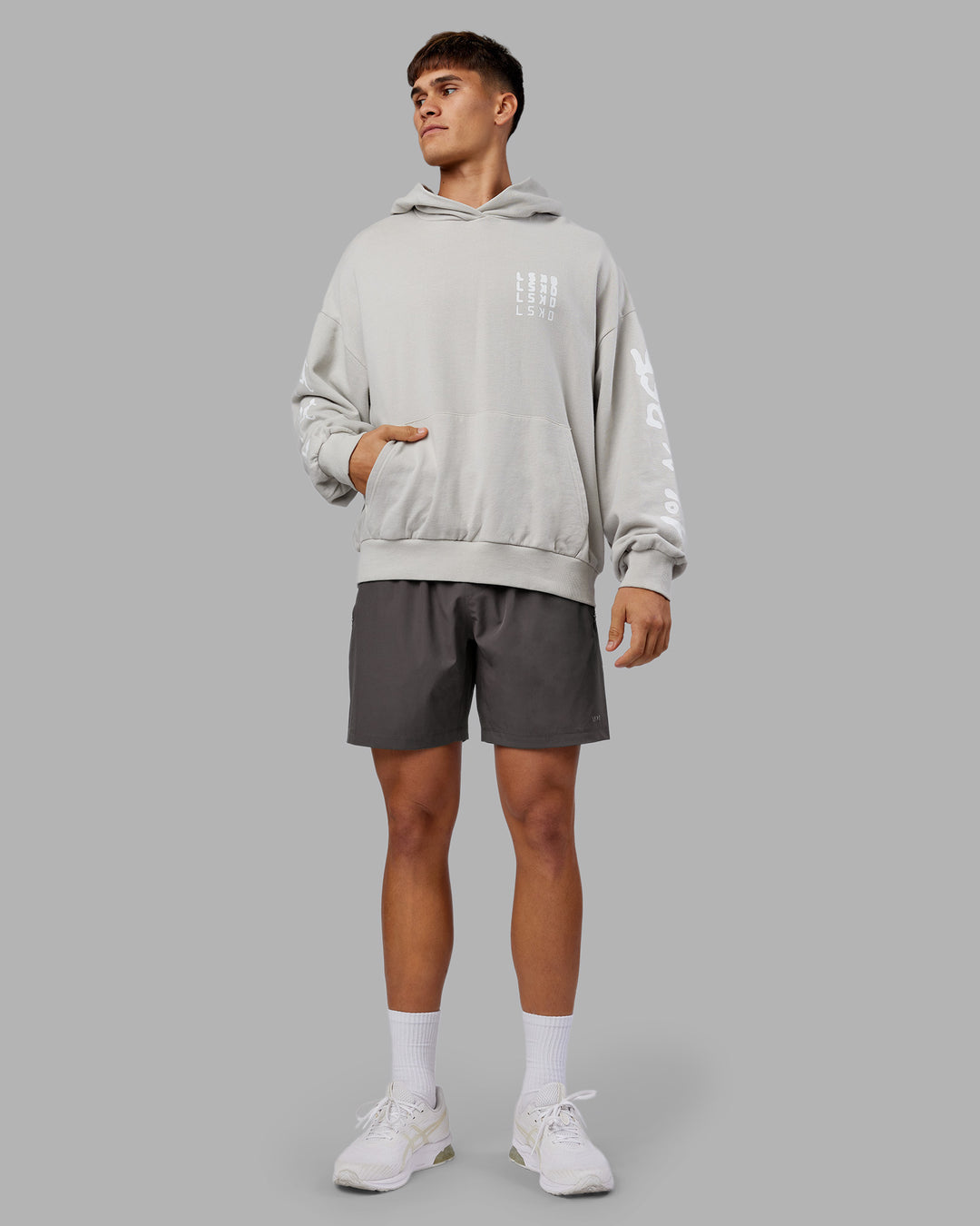 Man wearing Journey Washed Unisex Oversize Hoodie - Digital Mist-White | Model:Jackson | Size:L - view 13