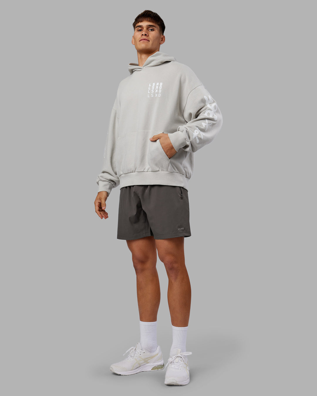 Man wearing Journey Washed Unisex Oversize Hoodie - Digital Mist-White | Model:Jackson | Size:L - view 8