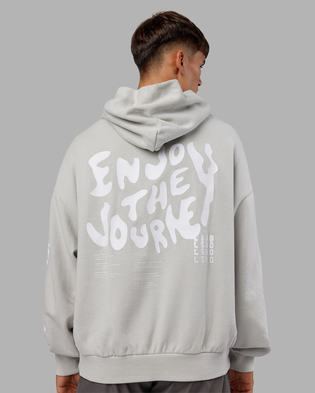 Man wearing Journey Washed Unisex Oversize Hoodie - Digital Mist-White | Model:Jackson | Size:L - view 9