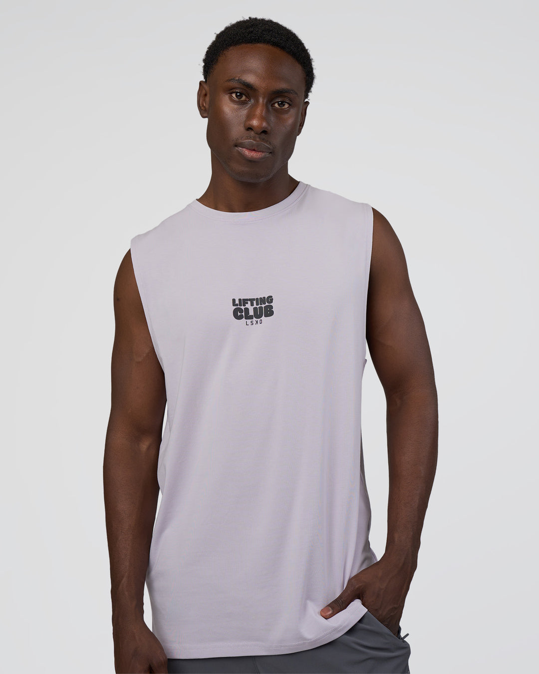 Man wearing Kettle-B FLXCotton Muscle Tank - Galactic Lilac-Black | Model:Paabio | Size:L - view 1
