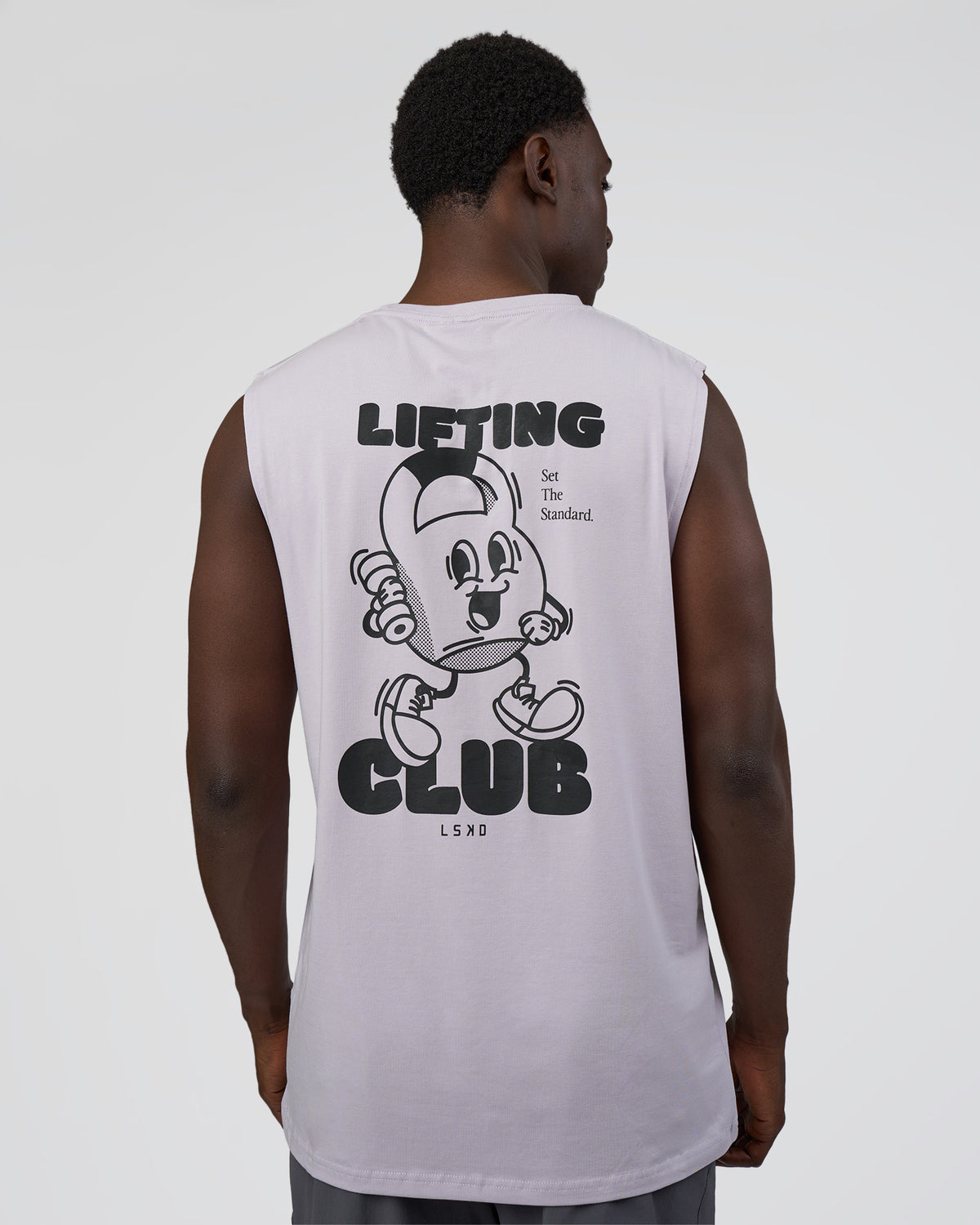 Man wearing Kettle-B FLXCotton Muscle Tank - Galactic Lilac-Black | Model:Paabio | Size:L