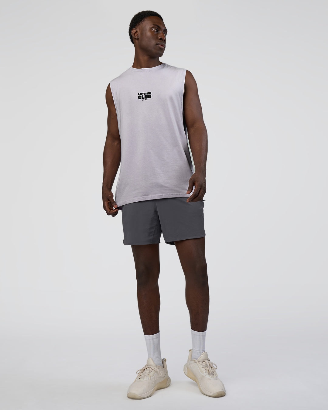 Man wearing Kettle-B FLXCotton Muscle Tank - Galactic Lilac-Black | Model:Paabio | Size:L - view 4