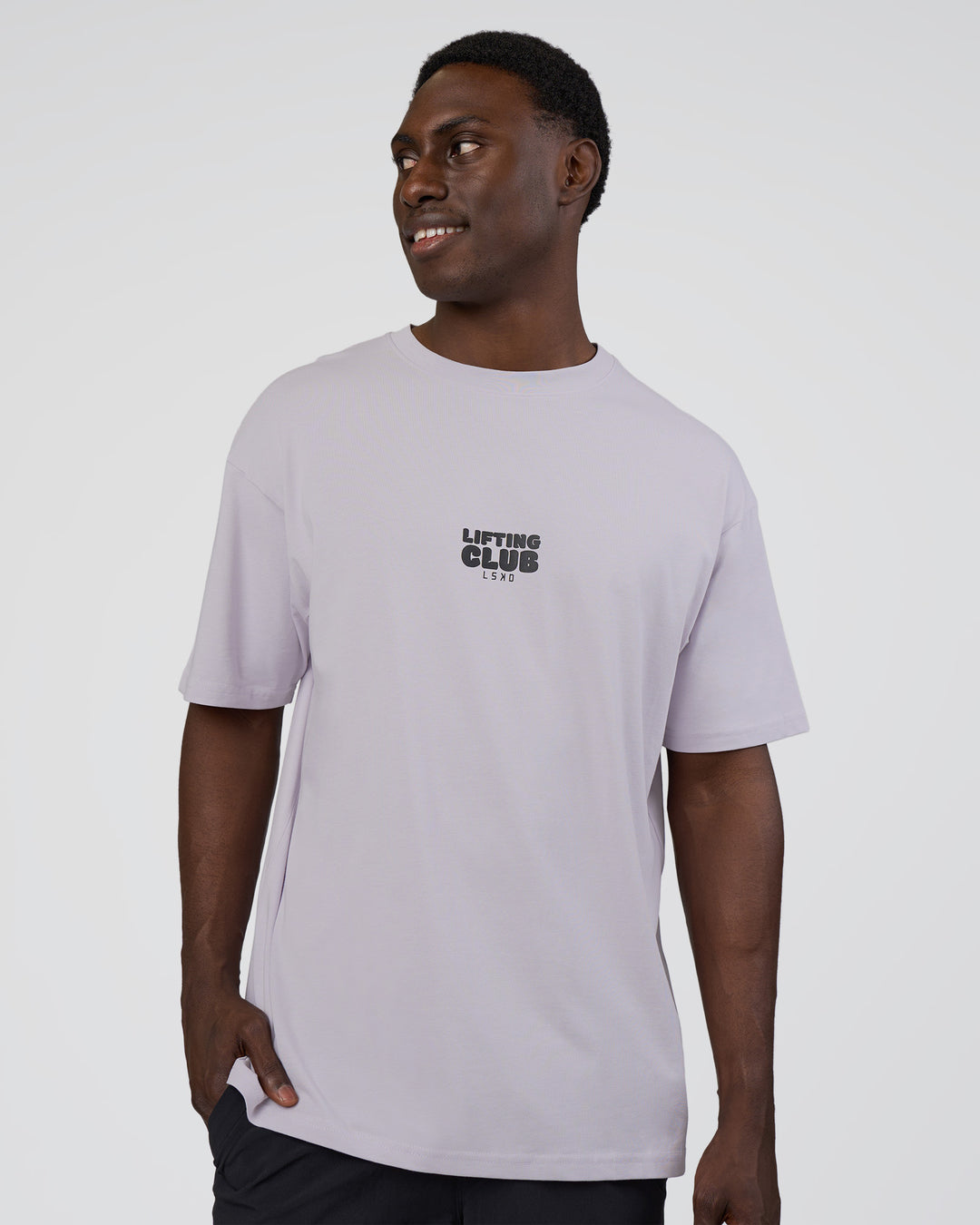 Man wearing Kettle B FLXCotton Oversized Tee - Galactic Lilac-Black | Model:Paabio | Size:L - view 2
