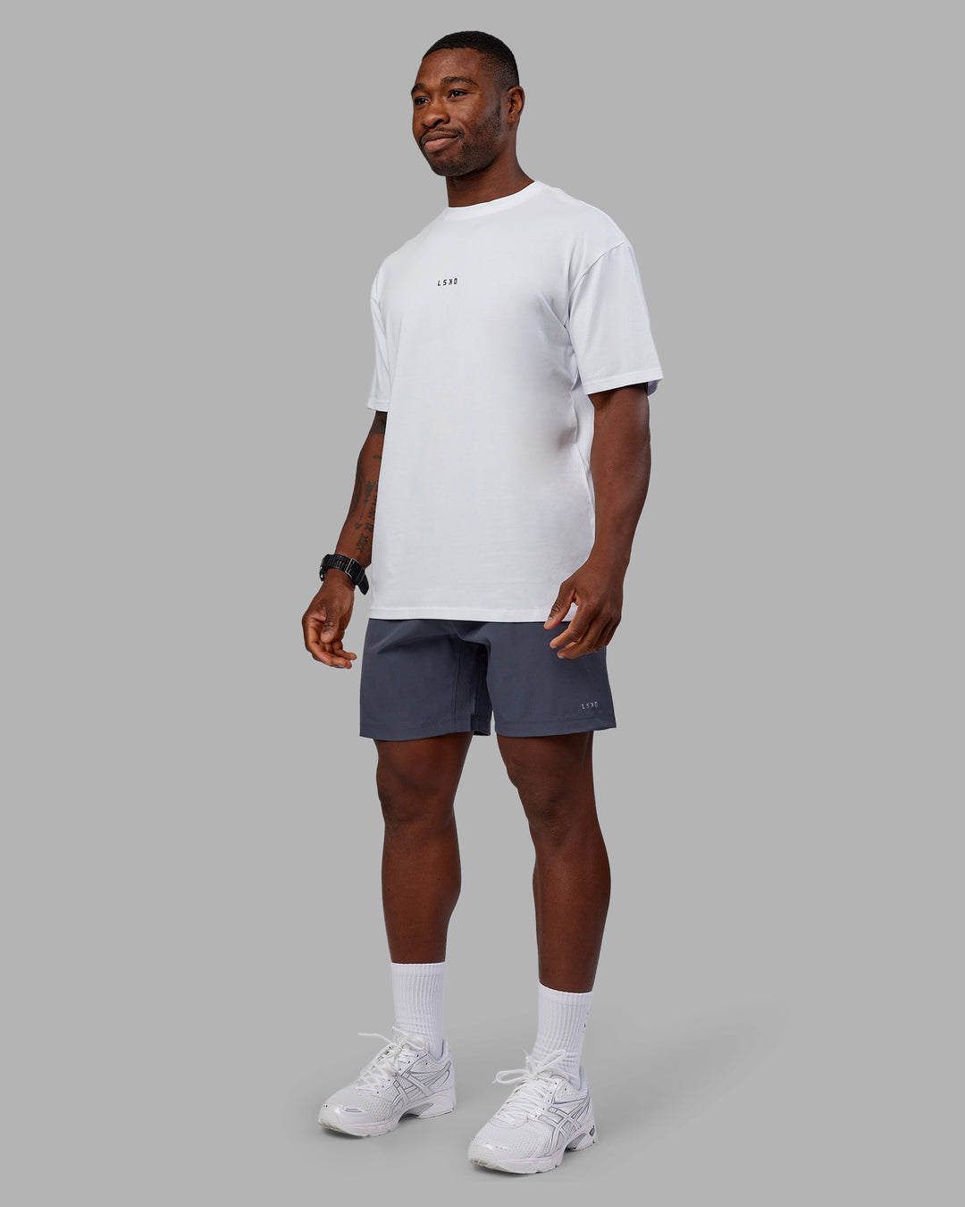 Man wearing Kettlebell FLXCotton Oversized Tee - White-Black | Model:Sam | Size:L - view 6