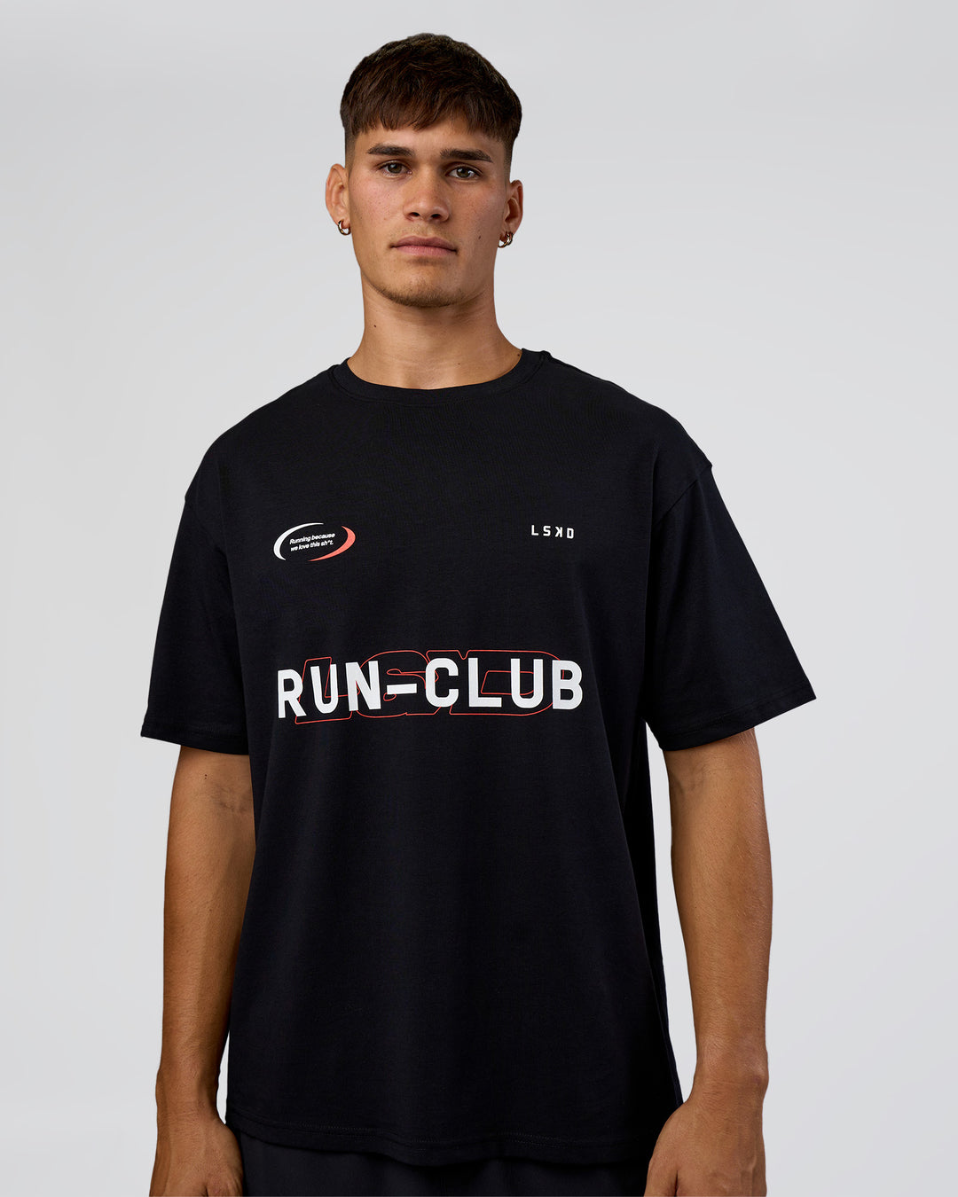 Man wearing LSKD Run Club FLXCotton Oversized Tee - Black-White | Model:Jackson | Size:L - view 2