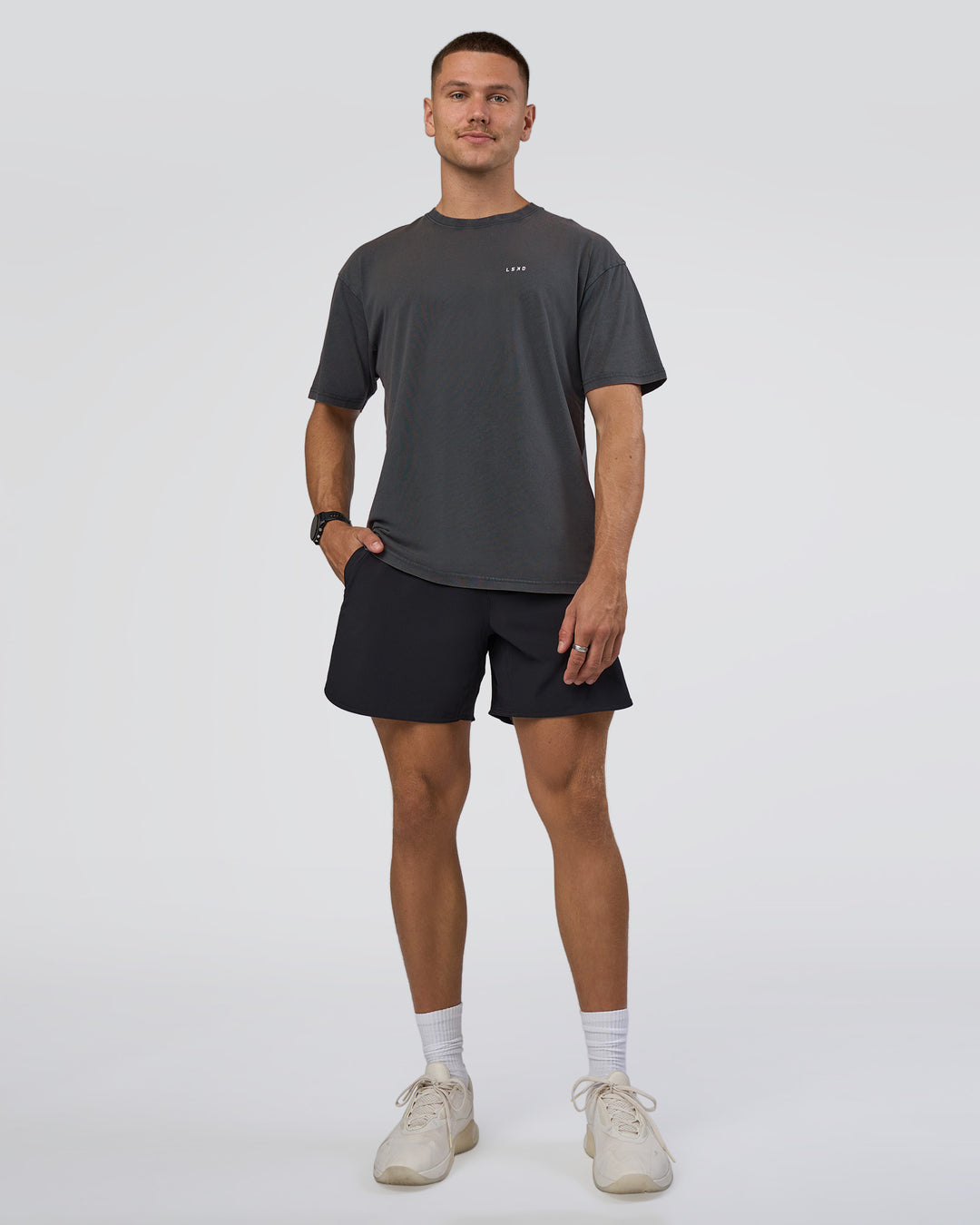 Man wearing Lifting FLXCotton Oversized Tee - Black Washed-Flame | Model:Nikola | Size:L - view 6