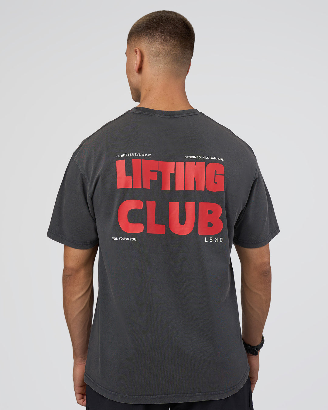 Man wearing Lifting FLXCotton Oversized Tee - Black Washed-Flame | Model:Nikola | Size:L - view 3