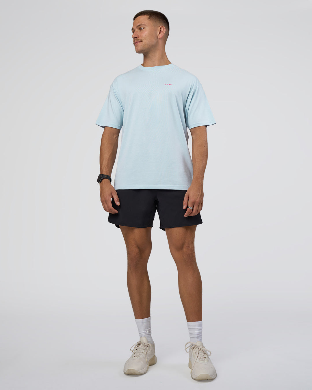 Man wearing Lifting FLXCotton Oversized Tee - Blue Aura-Ultra Pink | Model:Nikola | Size:L - view 6