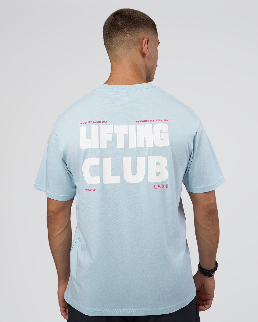 Man wearing Lifting FLXCotton Oversized Tee - Blue Aura-Ultra Pink | Model:Nikola | Size:L - view 2