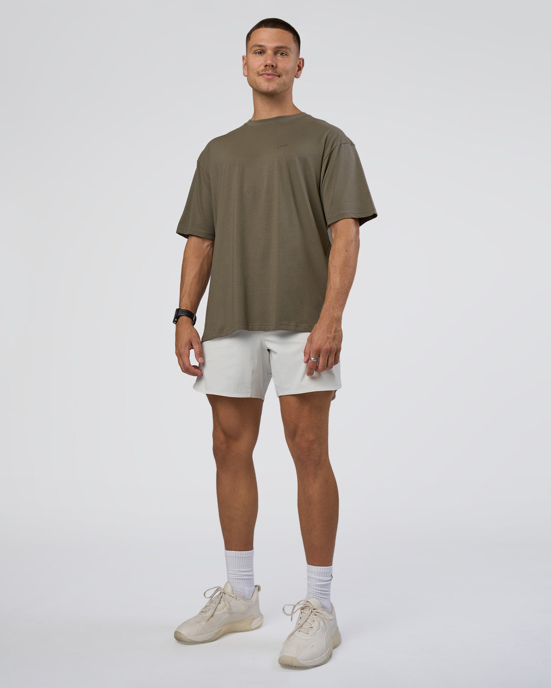 Man wearing Lifting FLXCotton Oversized Tee - Walnut Grey-Hot Chocolate | Model:Nikola | Size:L - view 6