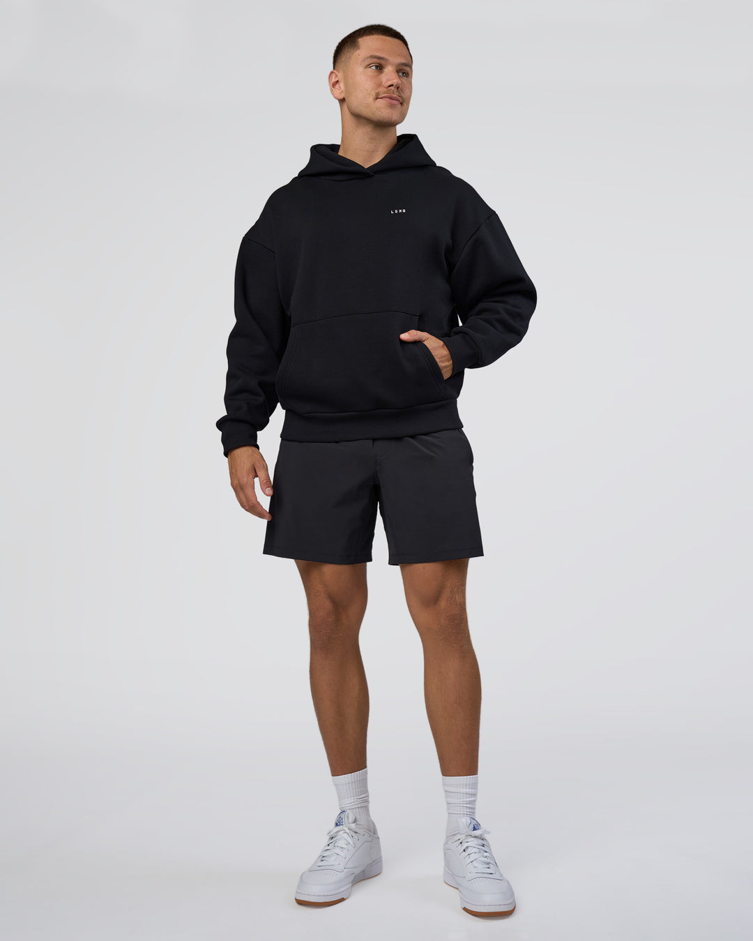 Man wearing Lifting Unisex Oversized Hoodie - Black-Flame| Model:Nikola | Size:L - view 3