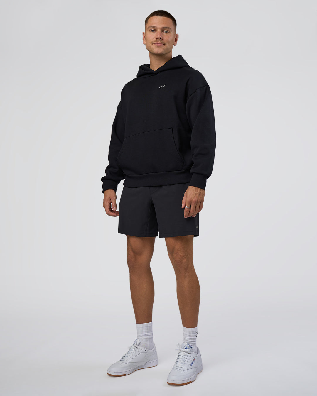 Man wearing Lifting Unisex Oversized Hoodie - Black-Flame| Model:Nikola | Size:L - view 7