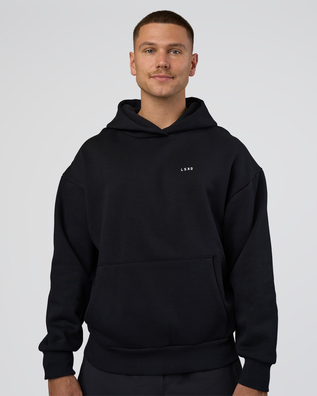 Man wearing Lifting Unisex Oversized Hoodie - Black-Flame| Model:Nikola | Size:L - view 6
