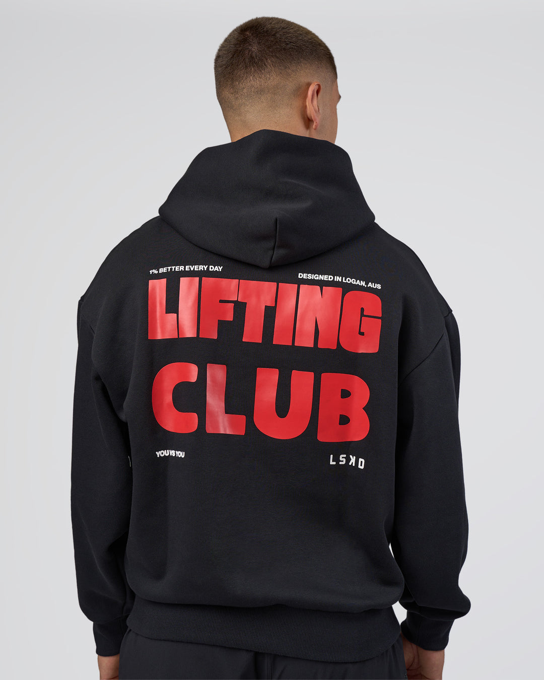 Man wearing Lifting Unisex Oversized Hoodie - Black-Flame| Model:Nikola | Size:L - view 2