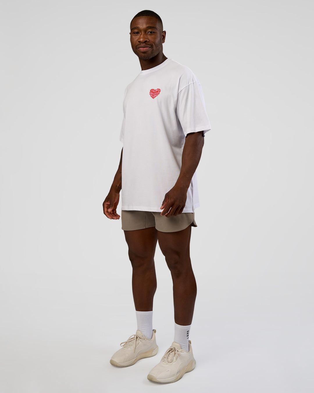 Man wearing Love the Journey FLXCotton Oversized Tee - White-Candy Pink | Model:Sam | Size:L - view 6