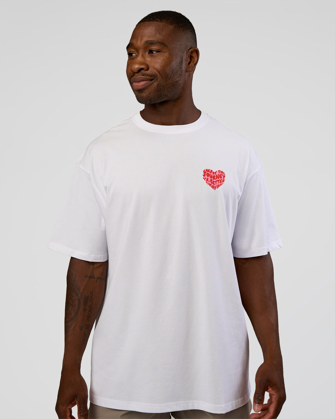 Man wearing Love the Journey FLXCotton Oversized Tee - White-Candy Pink | Model:Sam | Size:L - view 3