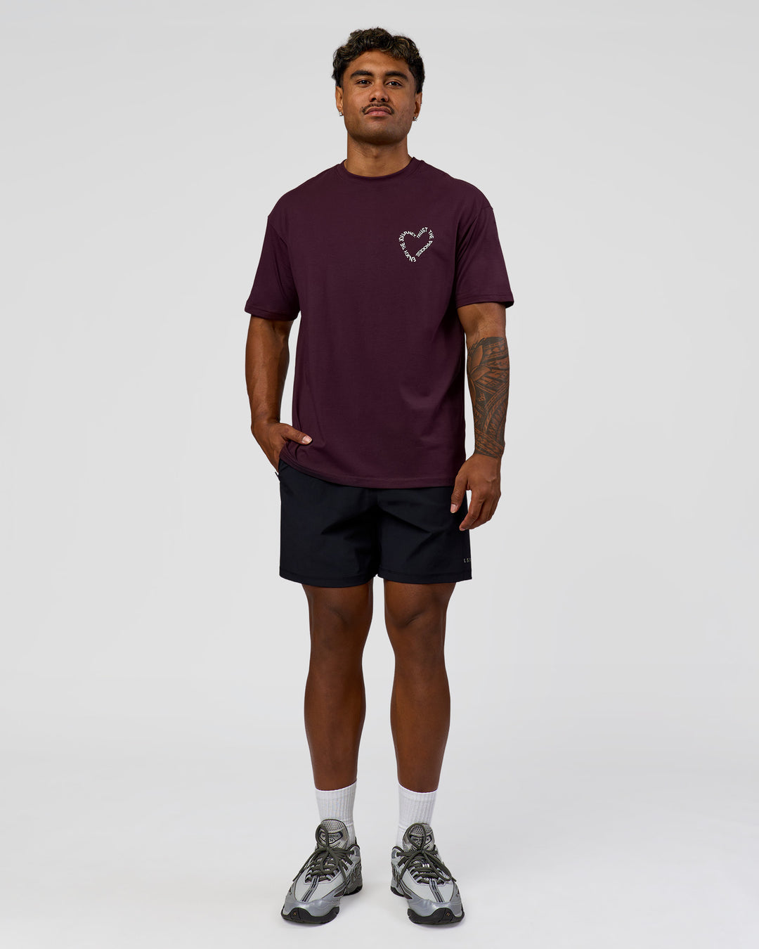 Man wearing Love The Process FLXCotton Oversize Tee - Midnight Plum-White | Model:Xav | Size:L - view 8