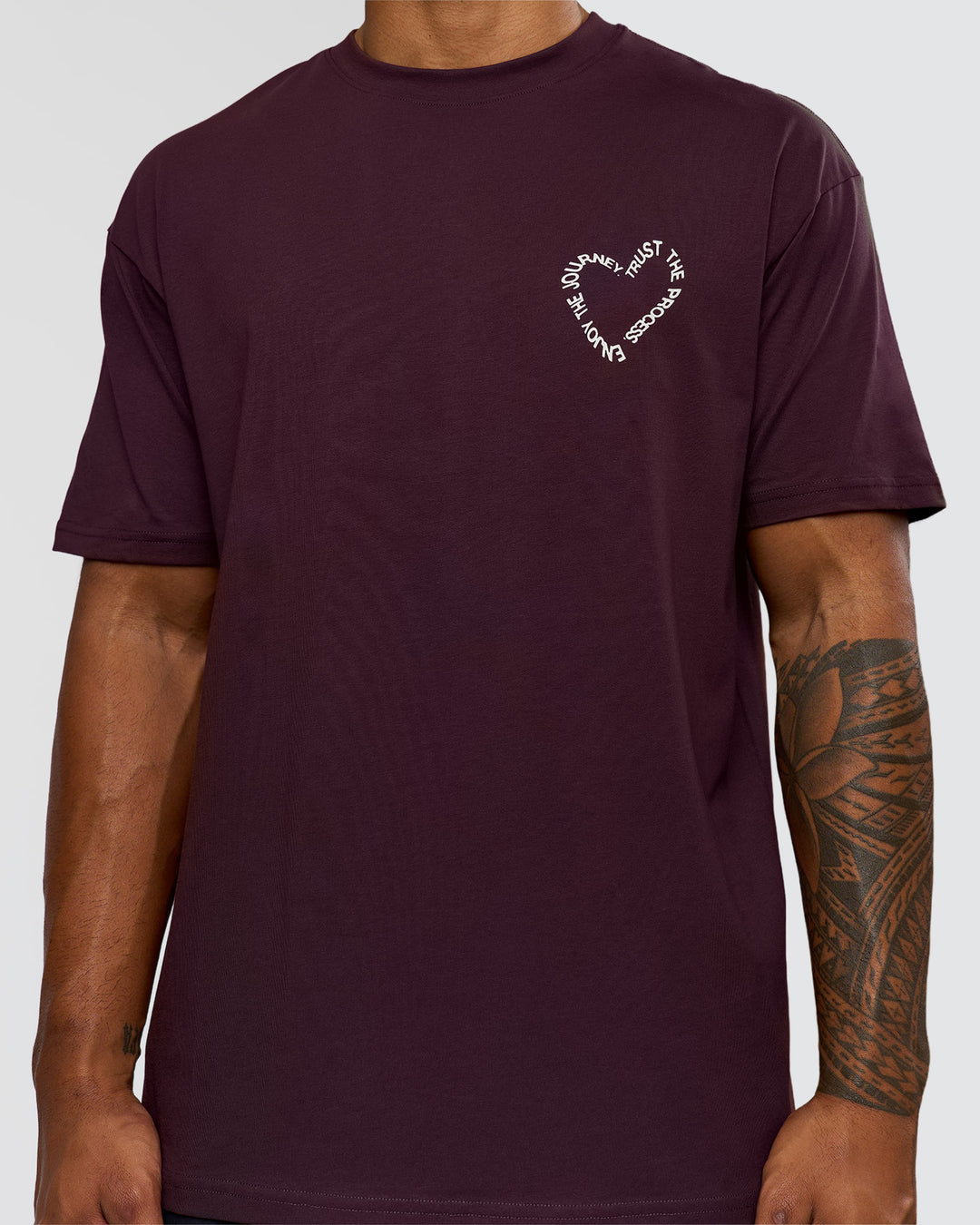 Man wearing Love The Process FLXCotton Oversize Tee - Midnight Plum-White | Model:Xav | Size:L - view 13