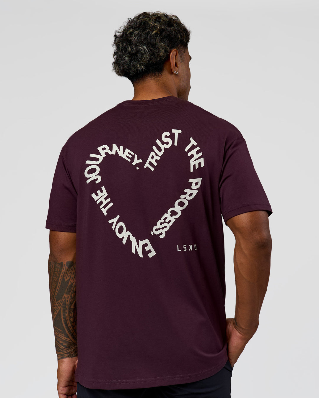 Man wearing Love The Process FLXCotton Oversize Tee - Midnight Plum-White | Model:Xav | Size:L - view 4