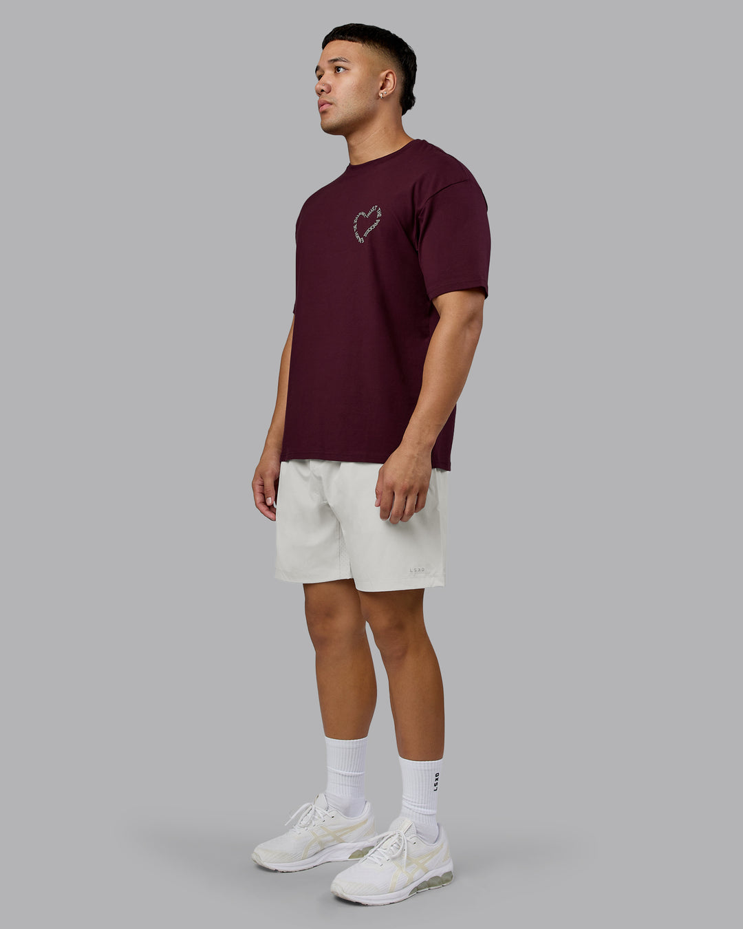 Man wearing Love The Process FLXCotton Oversize Tee - Cherry Lacquer-Shale Beige | Model:Kaelyb | Size:L - view 7