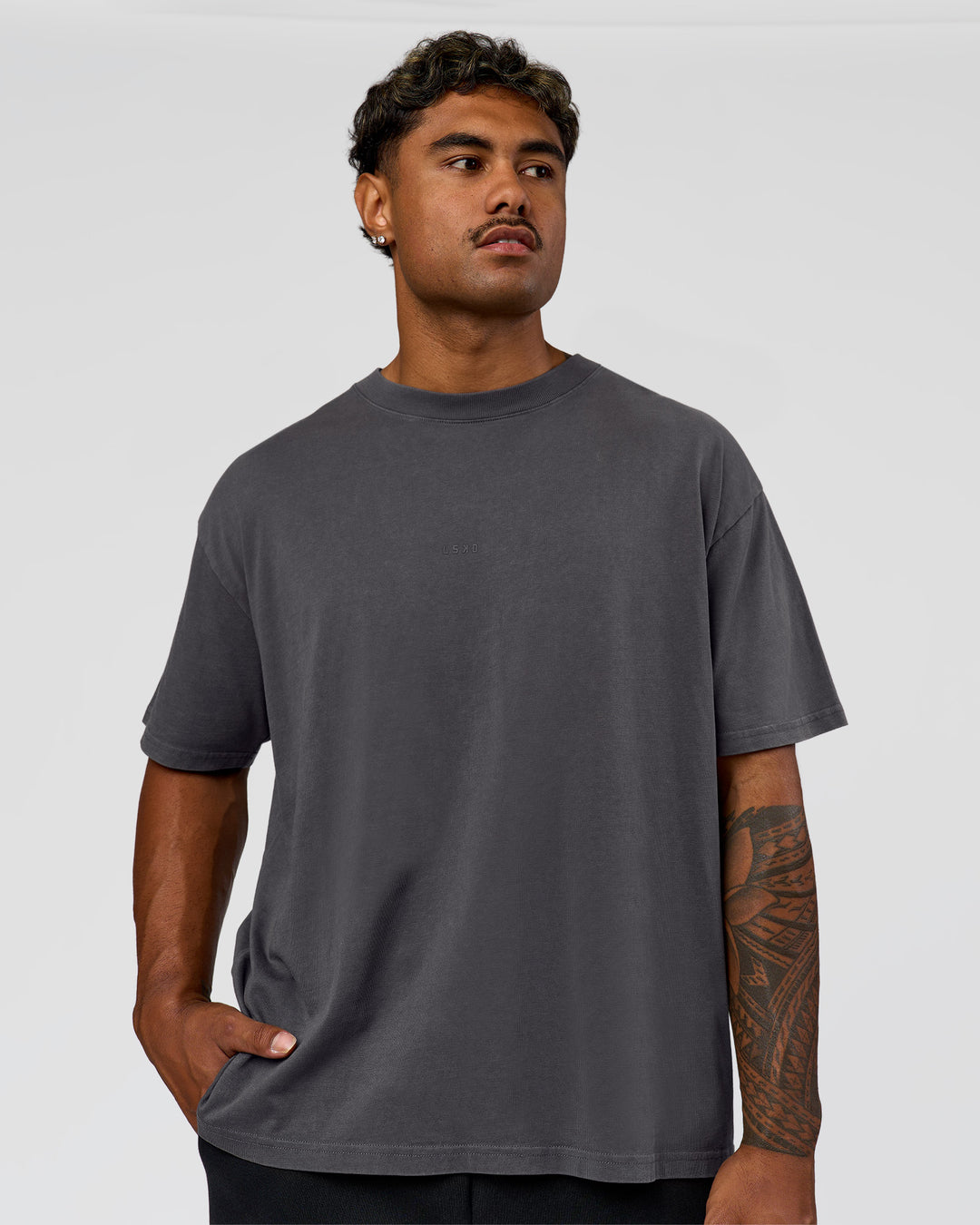 Man wearing Memory in Motion Heavyweight Oversized Tee - Dark Storm Washed | Model:Xav | Size:L - view 3