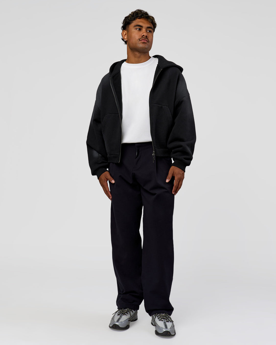 Man wearing Memory in Motion Ultra Heavyweight Zip Thru Hoodie - Black Washed | Model:Xav | Size:L - view 10