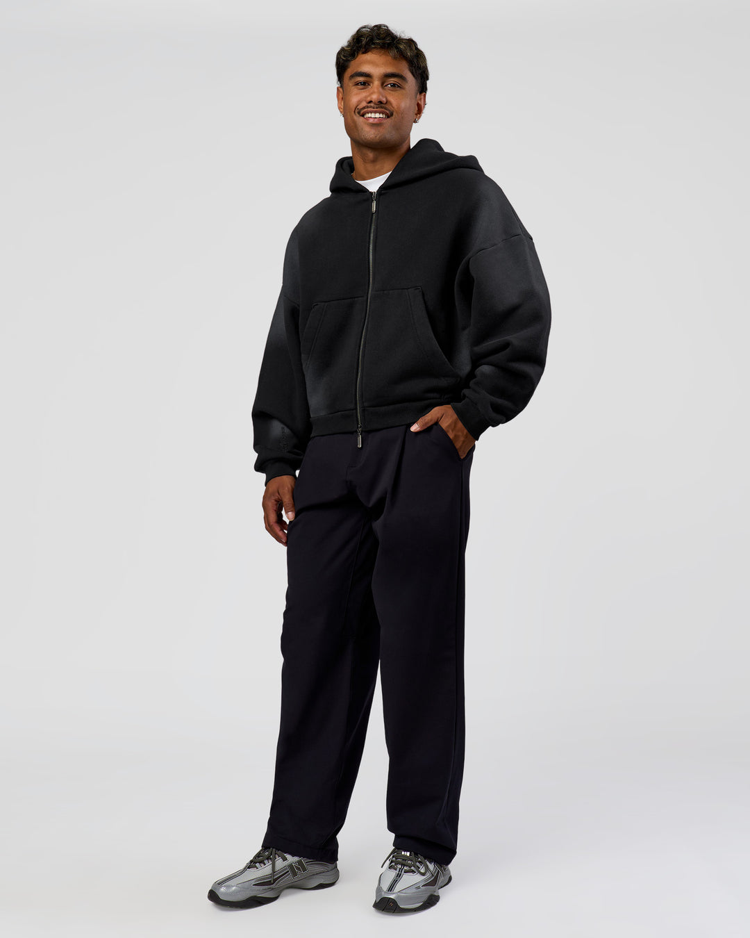 Man wearing Memory in Motion Ultra Heavyweight Zip Thru Hoodie - Black Washed | Model:Xav | Size:L - view 13