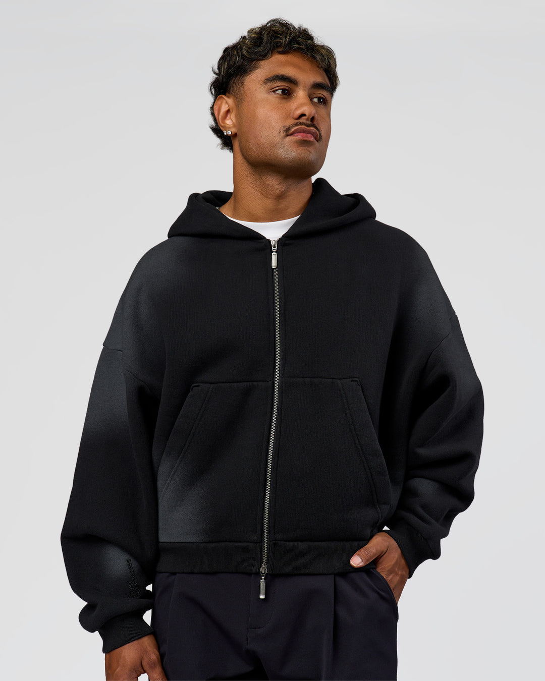 Man wearing Memory in Motion Ultra Heavyweight Zip Thru Hoodie - Black Washed | Model:Xav | Size:L - view 6