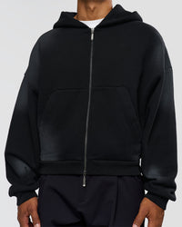 Man wearing Memory in Motion Ultra Heavyweight Zip Thru Hoodie - Black Washed | Model:Xav | Size:L | Thumbnail Index: 13