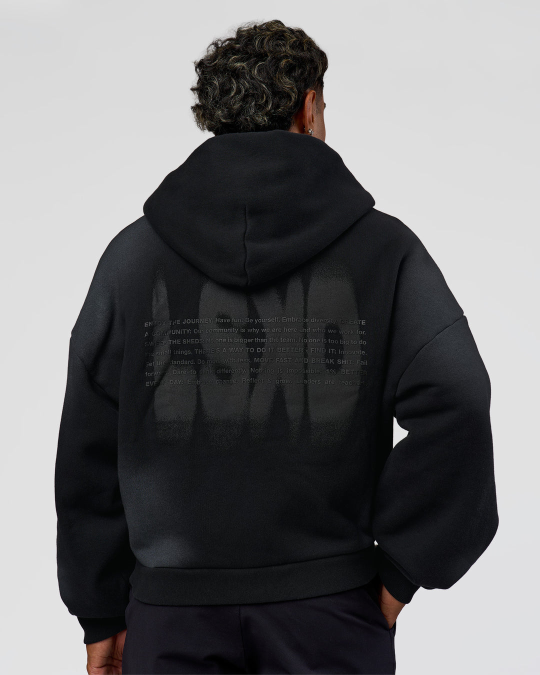 Man wearing Memory in Motion Ultra Heavyweight Zip Thru Hoodie - Black Washed | Model:Xav | Size:L - view 11
